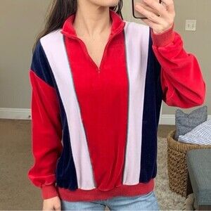 Vintage Terry Quarter Zip Sweater Nautical Retro Colorblock Pullover Sporty